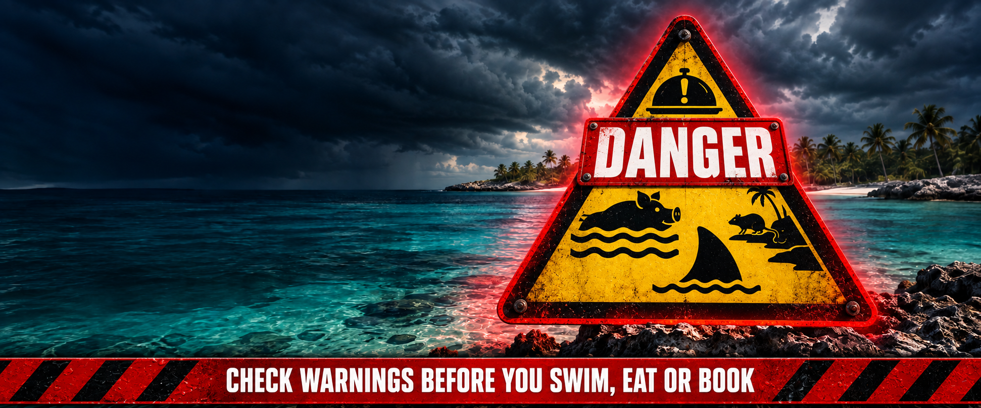 Red DANGER warning sign beside stormy Bahamas water with pig encounter, shark, food safety, and rodent hazard symbols